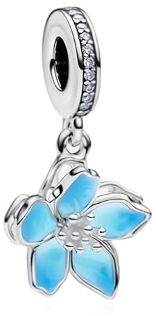 Doyafer Blu Ciliegio Fiore Scintillante A Doppio Strato Argento Ciondolo 925 Argento Sterlina Incanto Adatto Braccialetto Collana Ciondolo Gioielli Regalo Per Le Donne