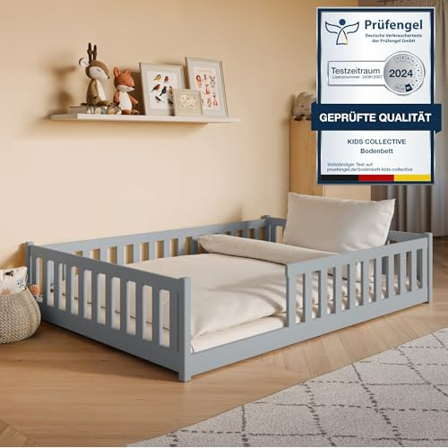 Kids Collective Kinderbett Bodenbett 140x200 cm mit Rausfallschutz, Matratze & Lattenrost Montessori Bett Bed Gitterbett Kinder Jugendbett Einzelbett | Aschgrau
