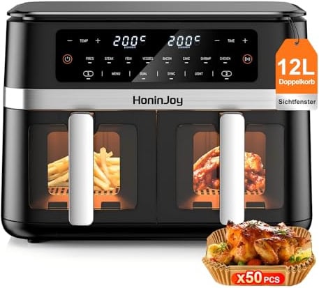 HoninJoy Dual Zone Airfryer, 2 Kammern mit Sichtfenster, 10-in-1, 6,6 L | Heißluftfritteuse, Digital Touchscreen, mit 50 Stück Papiereinlagen, zum Backen, Braten, Grillieren, Spülmaschinenfeste