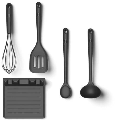 Hoffmann Küchenhelfer-Set, 5-teilig, Anthrazit, Silikon-Edelstahlkern, Schneebesen, Pfannenwender, Kochlöffel, Schöpfkelle mit Ablage, Spülmaschinenfest, Hitzebeständig, Antihaft, Küchenutensilien-Set