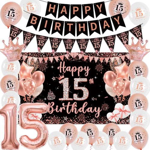 Deko 15 Geburtstag Mädchen Roségold Schwarz - Happy Birthday Banners Girlande Wimpel, Große Happy 15. Birthday Banner (100 x 64cm) und XXL Zahlen Luftballon für 15 Jahre Geburtstagsdeko Party