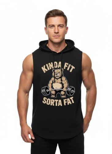 IRON PANDA Men's Workout Hooded Tank Tops Sleeveless Gym Hoodies Bodybuilding Muscle Shirts-Kinda FIT Sorta Fat Hooded Tank