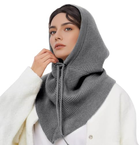 Peicees Oversized Balaclava with Large Shawl Knitted Hooded Scarf Beanie Hat Womens Winter Drawstring Neck Gaiter Fashion XXL Grey