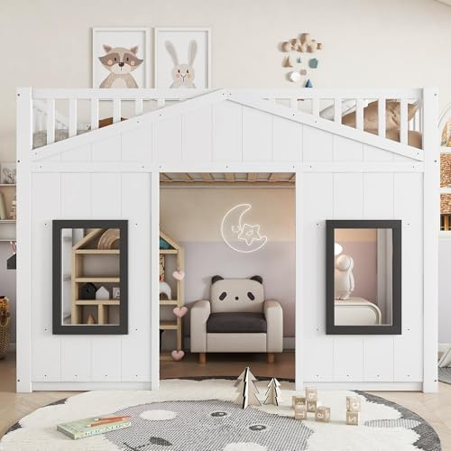 Merax Lit Superposé Enfant 90x200 cm, Lit Cabane avec Escalier, Barrières de Sécurité et Fenêtres, Lit Enfant en Pin et MDF, Espace Inférieur Modulable, Blanc et Gris