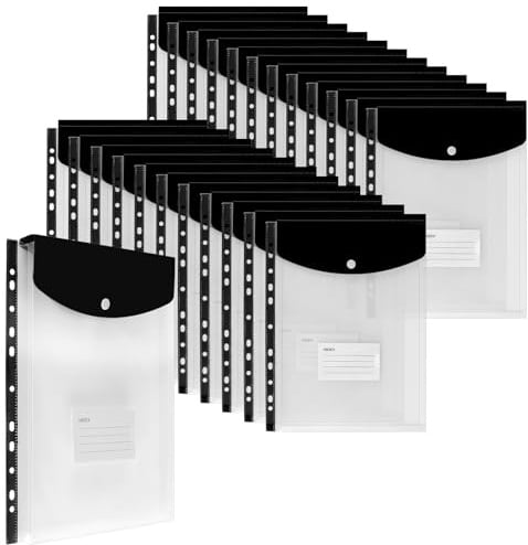 YIXNSW Lot de 24 porte-documents A4 - 32 x 23 x 2 cm - Rabat noir transparent - En polypropylène - Pour bureau et école - Avec ouverture verticale