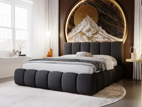 GRAINGOLD Cloud Bett, Polsterbett ohne Bettkasten, Modern Polsterbett, Bouclé-Stoff, mit Lattenrost, mit Kopfteil, ohne Matratze (Schwarz, 140x200)