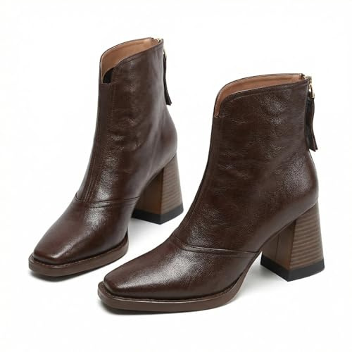 Stivaletti da donna con punta quadrata retrò, stivali con tacco blocco grosso antiscivolo, stivaletti corti in pelle con chiusura con zip sul retro, Marrone, 40 EU