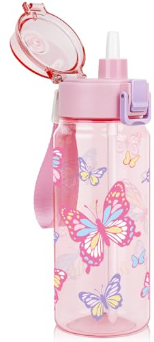omedecal 550ml Tritan Plastic Kids Water Bottle for School, Butterfly | BPA-Free · 2 in 1 Removable Straw or Direct Drink Water Bottle with Handle Strap for Sports · Pop-Up Lid