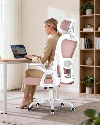 naspaluro Chaise de Bureau Ergonomique avec Support Lombaire, Rose | Fauteuil Bureau Confortable avec Appui-Tête Réglables，Roulettes Silencieuses，Maille Respirante pour la Maison et le Gaming
