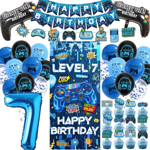 Blue Gaming 7th Birthday Decorations, Video Game Door Banners Set | Happy Birthday Hang Banner Cake Topper and Controller Foil Balloons for Kids Boys 7 Years Old Birthday Party Supplies