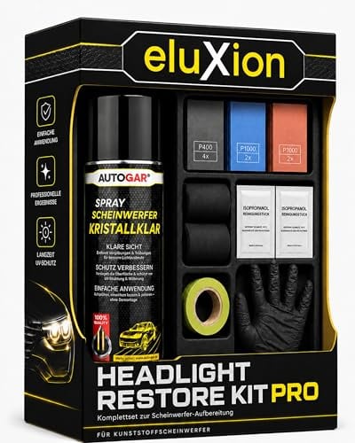 eluxion Headlight Restore Kit Pro I Scheinwerfer Aufbereitung Set ohne Maschine I DIY Komplettset mit Spezial-Klarlack-Spray I Nassschleifpapier & Zubehör für Kunststoffscheinwerfer | Umfangreiches Komplettset mit UV-Klarlack, ohne Poliermaschine