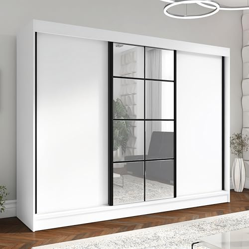 A&J MöbelLand Schwebetürenschrank ORAVIA Kleiderschrank 3-türig mit Spiegel, Garderobenschrank mit Kleiderstangen und Regalfächern, moderner Schlafzimmerschrank 200 cm (Weiß)