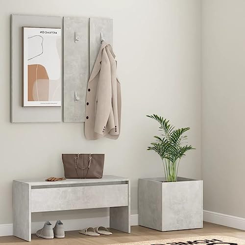 LoogCape Wardrobe Set Concrete Grey Wood Material with Mirror, Hallway Bench, Storage Chest, Bench with Drawer, Planter for Entrance Area, Space-Saving Hallway Furniture