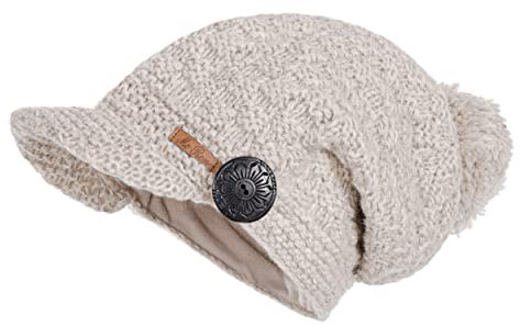 McRon Damen Gefütterte Beanie Wollmütze mit Bommel Mika Naturhellgrau 9512