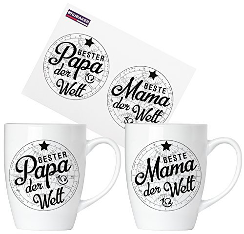 BRUBAKER Beste Mama & Bester Papa der Welt Tassen Set aus Keramik - 2 Kaffeebecher 300 ml - Kaffeetassen mit Grußkarte und Geschenkpackung