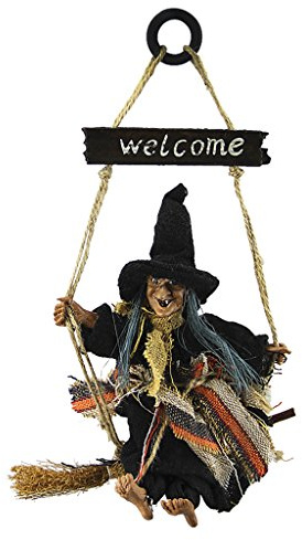 Hanging Animated Witch on Broomstick Halloween Decoration Dolls Pendant Haunted House Decorate Props KTV Bar Restaurant Door Indoor Outdoor Decor Hanged Wizard Welcome Figure