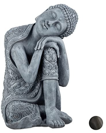 Relaxdays Buddha Figur geneigter Kopf, XL 60cm, Asia Deko, Gartenfigur, Dekofigur Wohnzimmer, frost- & wetterfest, grau