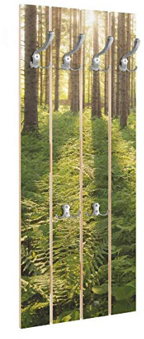 Bilderwelten Wandgarderobe Holz - Sonnenstrahlen in grünem Wald - Haken Chrom, 100x40 cm