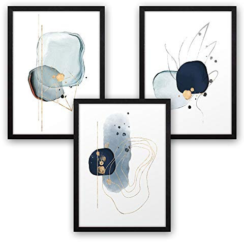 3-teiliges Premium Poster-Set | Kunstdruck | Abstrakt blau | Deko Bild für Ihre Wand | optional mit Rahmen | Wohnzimmer Schlafzimmer Modern Fine Art | DIN A4 / A3 (A4, schwarzer Rahmen)