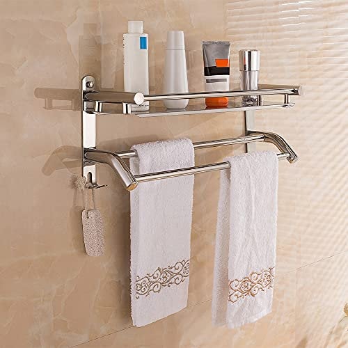 HONPHIER®Handtuchhalter Chrom Handtuchstangen Edelstahl mit Regal und Haken Handtuchstange Bad 59 cm, Handtuchhalter für Badezimmer Küchen Toilette