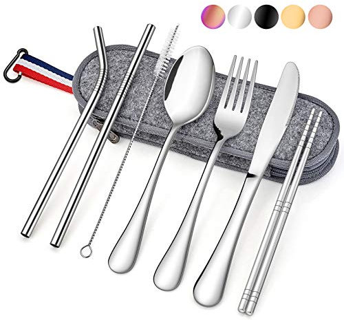 8 Piece Travel Cutlery Set, Homikit Stainless Steel Camping Picnic Cutlery Sets for 1, Portable & Reusable Travel Utensils Include Fork, Knife, Spoon, Straws, Chopsticks, Cleaning Brush, Carrying Case
