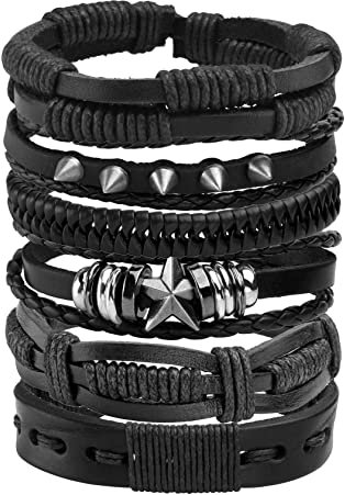 JJDreams 6PCS Punk Armband Herren Armbänder Set Schwarz lederarmband Gothic Geflochtene Armreif Leder