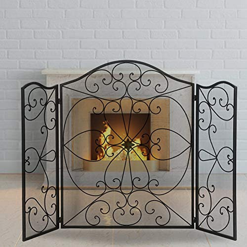 AYNEFY Kaminschirm Vintage Kamingitter 3-Panel Schmiedeeisen Kamin Schutzgitter Ofenschirm Ofenschutz Funkenschutz für Kamin und Herd, Schwarz, 127 x 91 cm