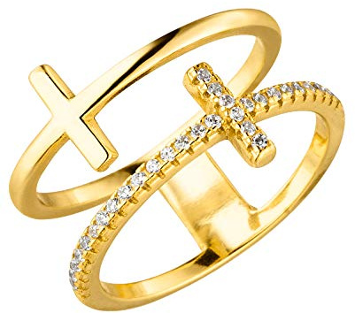Purelei Double Cross Ring (Gold, Silber), Damen Ring aus langlebigem Edelstahl mit Schmucksteinen, Wasserfester Schmuck mit Kreuz, Verschiedene Größen (Gold, 56)
