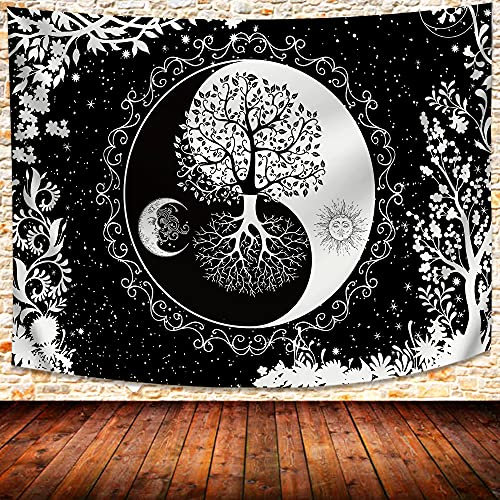 UHOMETAP Psychedelic Sonne und Mond Wandbehang Yin Yang Kunst Baum des Lebens Bohemian Hippie Schwarz Weiß Wanddekoration Decke für Wohnzimmer Schlafzimmer Wohnheim 230 x 180 cm GTQQUH1003