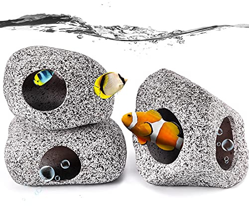3 Pieces Rock Aquarium Decorations, Stackable Cave Aquarium Decor, Betta Fish Tank Accessories Hideout Hidden Stones Ornaments, Fish Rock House Hideaway Tunnel Fish Cave for Aquarium Shrimp Cichlid