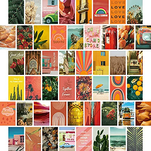Ästhetische Wand College Kit Hübsches Schlafzimmer Dekor für Teen Mädchen Niedliches Zimmer Dekor Pfirsich Teal Boho 50PCS Indie Wand Kunstdruck Wandcollage Regenbogen Orange Riesenrad