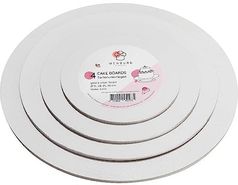 Wenburg Premium Base para Tartas Redonda | Bases para Tartas | 3mm, Color Dorado y Plateado | Se puede Utilizar en Ambos Lados | Base de Tarta de Carton | Tabla para Tartas | Juego de 4