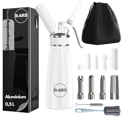 B-ARS Sifone Da Cucina Professionale 500ML In Alluminio BIANCO Con Bocchette Acciaio E Plastica Pulizia Facile Accessori Inclusi Per Spume Panna Montata Dolci E Salate Mousse Decorazioni
