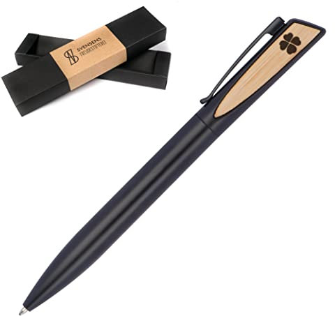 Freudestifterei Edler Glücksbringer Dreh-Kugelschreiber mit Kleeblatt - Metall Bambus Kuli Stift | Geschenk Prüfung, Test, Schule, Vorstellungsgespräch, Neues Jahr | Nachhaltig