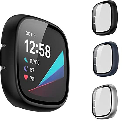 Lot de 3 coques de protection d'écran compatibles avec Fitbit Versa 3/Sense, PC + film trempé, couverture complète de l'écran, coque rigide anti-chocs pour homme et femme (noir/bleu foncé/argent)