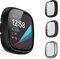 Lot de 3 coques de protection d'écran compatibles avec Fitbit Versa 3/Sense, PC + film trempé, couverture complète de l'écran, coque rigide anti-chocs pour homme et femme (noir/bleu foncé/argent)