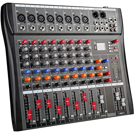 Table de Mixage Son Professionnel 8 Canaux Mixeurs DJ Console de Mixage Interface Usb de Contrôleur de Son, Mixeur Audio FX Effets Analogiques Et Alimentation Fantôme 48V Partageable Bluetooth ou MP3
