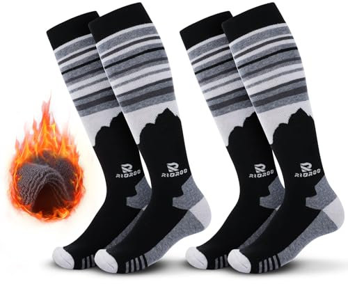 RIOROO 2 Paar Unisex Merinowolle Skisocken für Damen und Herren, Dicke Thermosocken für Kaltes Wetter, Kniehohe, Atmungsaktiv, Schnell Trocknend mit OTC Design/Anti-Rutsch-Bündchen