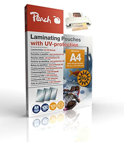 Peach Laminierfolien A4 - 125 mic - 100 pouches - mit UV-Filter für dauerhaften Lichtschutz - speziell geeignet für Fotos - kompatibel mit Laminiergeräten aller Markenhersteller - S-PP525-25