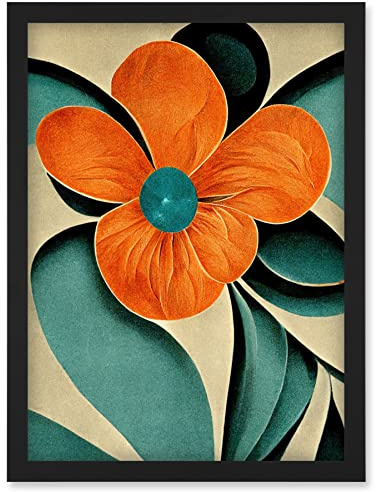 Doppelganger33 LTD Bold Art Deco Flowers Teal Orange Cream Poppy Artwork Framed Wall Art Print A4