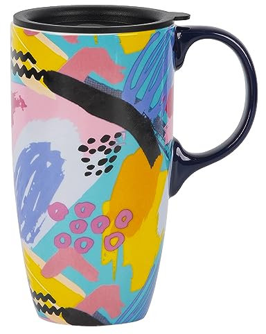 DUSVALLY Ceramic Mug Large Coffee Mug Tall Cups Porcelain Latte Tea Cup with Lid 17oz,Doodle