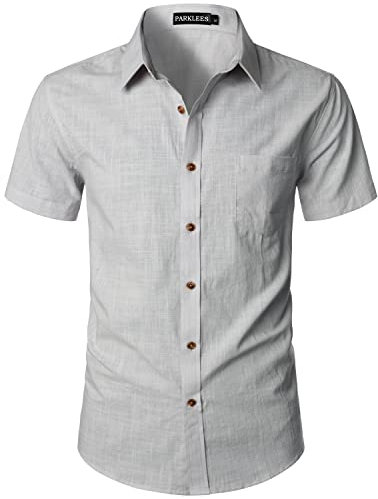PARKLEES Chemise décontractée à manches courtes en coton et lin pour homme avec poche, gris clair, S