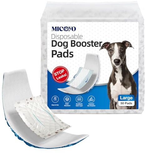 MICOOYO Einweg-Hundewindeleinlagen, Booster-Pads für Männliche und Weibliche Hunde, Super Saugfähige Perioden-Hundeeinlagen Pads Passen für die Meisten Hundewindeln (L-50)