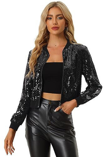 Allegra K Damen Bomberjacke Langarm Glitzer Pailletten Party Jacke Schwarz XS