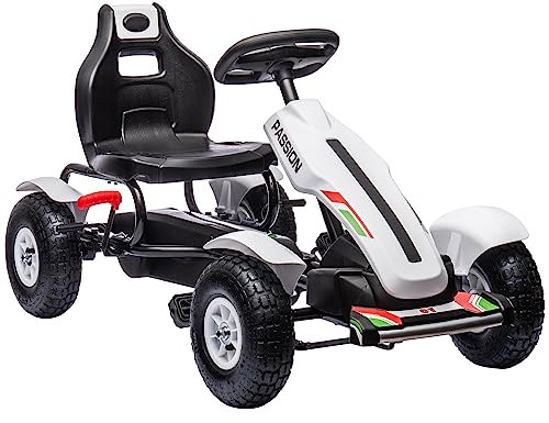 HOMCOM Kinder Go-Kart, Pedal Go-Kart mit verstellbarem Sitz, aufblasbare Gummireifen, Handbremse, für Kinder von 5-12 Jahren - Weiß