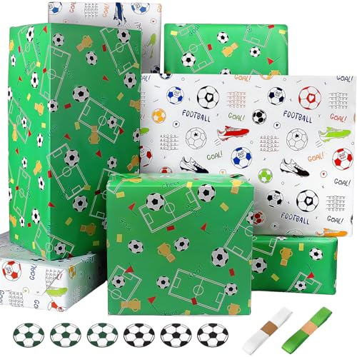 Bonkee Wrapping Paper Football Boys Men Birthday Wrapping Paper Sheets with Sport Soccer Green White Mixed Design,Birthday Gift Wrap Paper Set for Present,Ribbon Tags(6 Sheets)