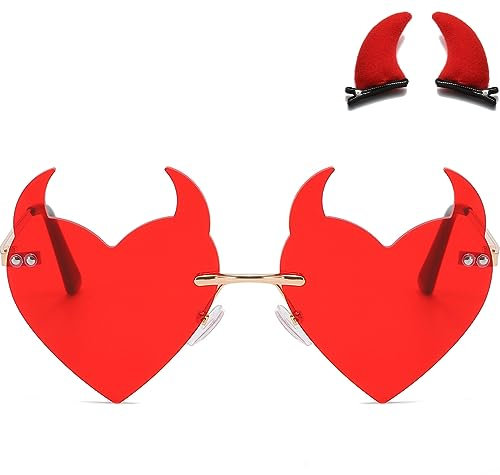 Musivon Teufelshörnern Sonnenbrille für Damen- 90er Jahre Rave Herz Brille für Party Festival mit Teufelshörnern