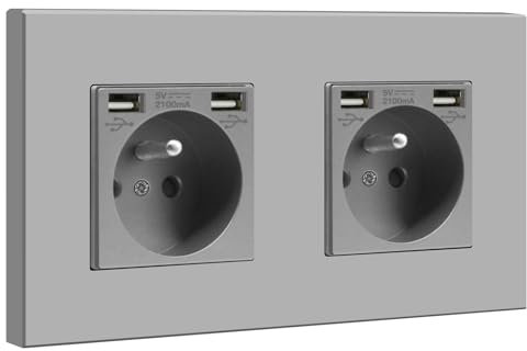 BSEED Double Prise Murale avec 2 Ports USB,16A Prise de Courant Alternatif avec Panneau en plastique,Multiprise Murale(Max 2.1A),Convient au Smartphone, à la Tablette (1 Prise avec 2 Ports USB,Gris)