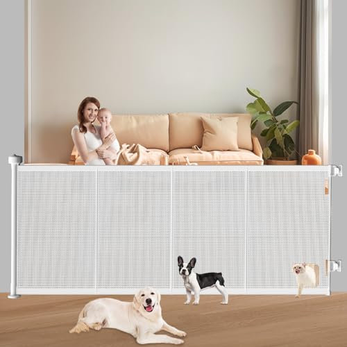 Pawtners Retractable Baby Gates Extra Wide, 41 Tall Extends up to 71 Wide, Dog Gate Indoor with Cat Door for Stairs, Pet Gate with Support Rods for Doorways Hallways Indoor & Outdoor-White