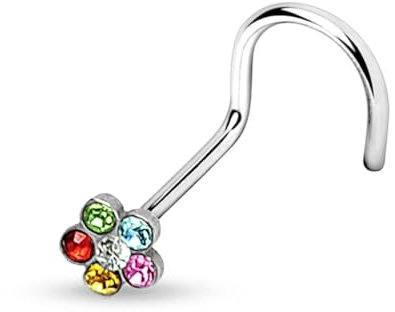 viva-adorno Nasenpiercing gebogen 0,8mm Nasenstecker Zirkonia Kristall Blume Blüte Nasenring Z328, bunt